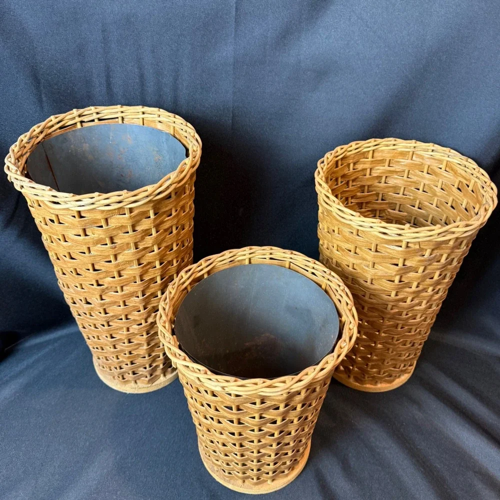 Vintage 3pc Set Woven Wicker Display Basket Vases w/ 2 Metal Liners 14